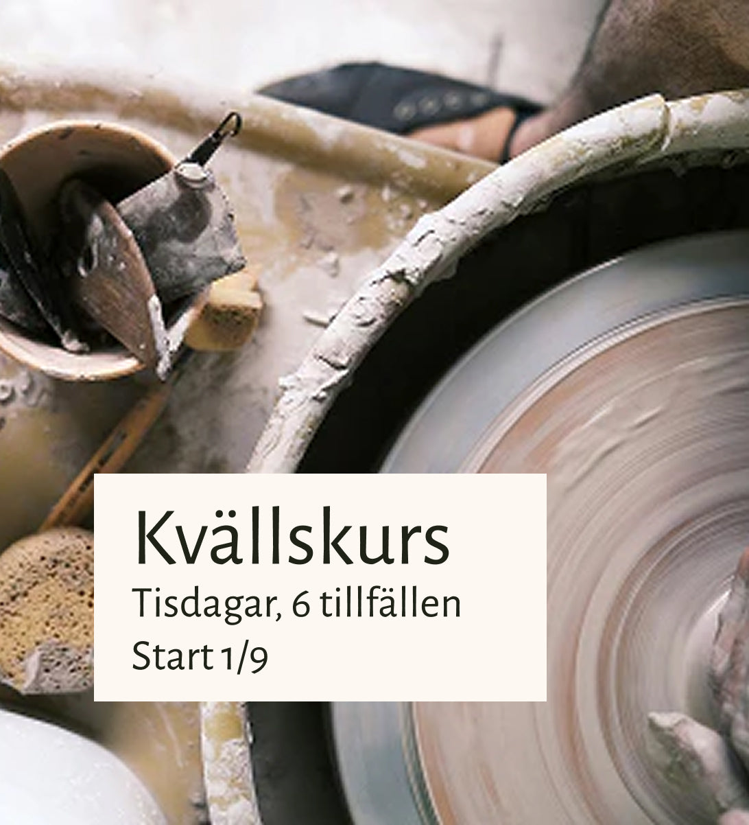 Drejskiva och verktyg med texten "Kvällskurs Tisdagar, 6 tillfällen, Start 1/9"